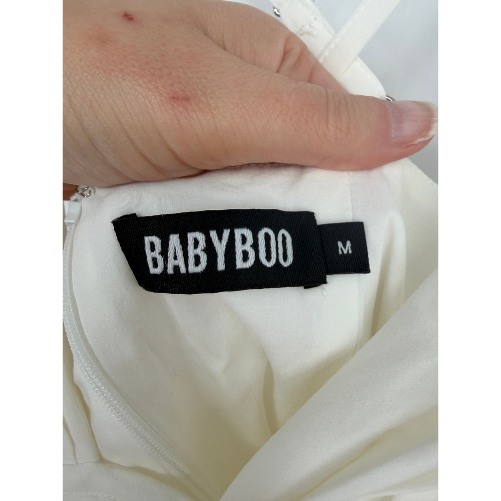 Babyboo Mini Dress Womens Size M White Ruched Side Slit V-Neck Cocktail Party - Picture 2 of 9